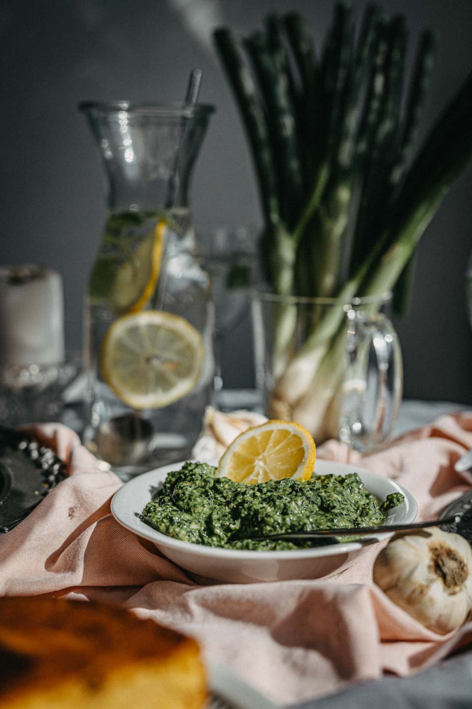 skillet cornbread, green pesto, vegan 