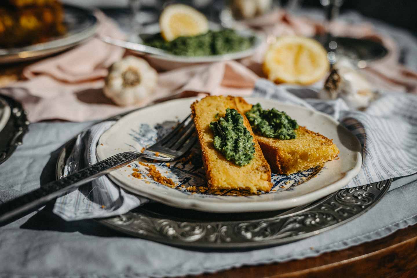 skillet cornbread, green pesto, vegan