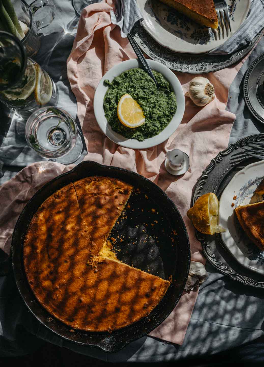 skillet cornbread, green pesto, vegan